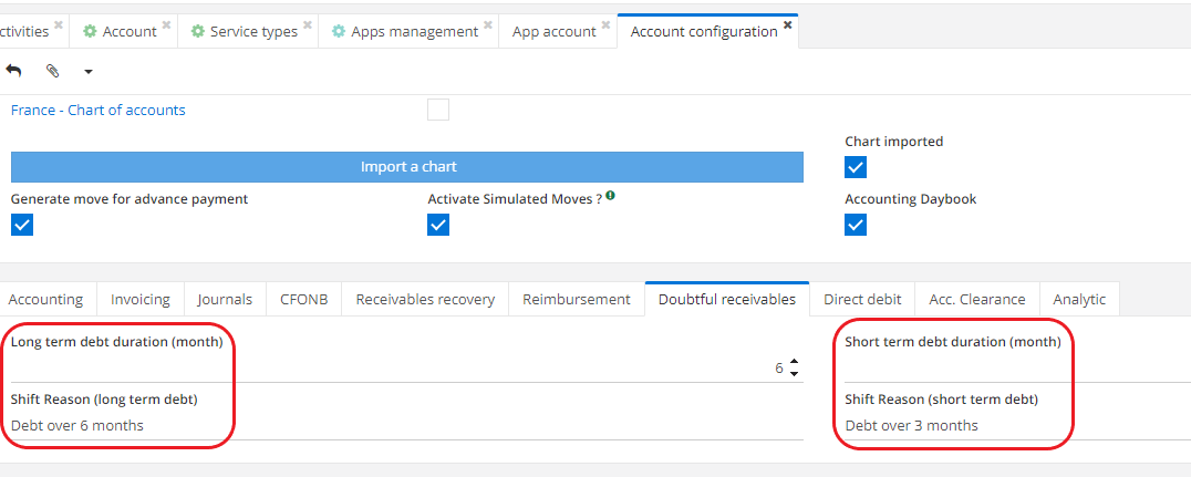 1.4 The Accounting configuration page (via the Accounting app, by
clicking on the company). On the Doubtful Receivables tab, you'll find
the “Debt duration (month)” and “Shift Reason” fields.